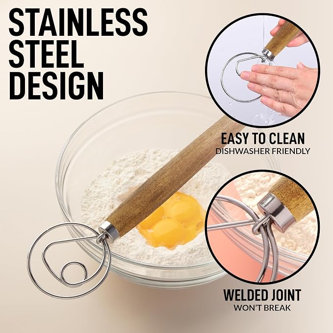 Zulay Kitchen 13-Inch Danish Dough Whisk - Stainless Steel Wooden Whisk with Dough Hook - Sourdough Whisk for Bread, Pizza, Pastry, Cake Batter & More - Acacia