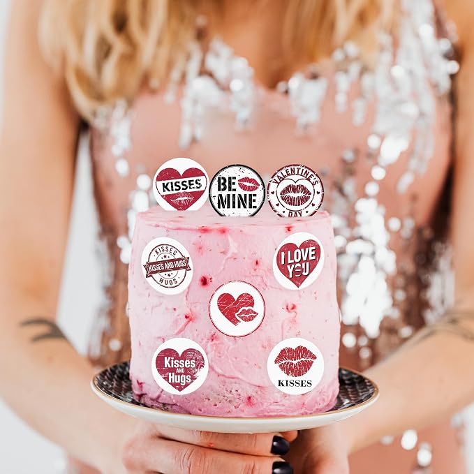 36PCS Edible Be Mine Cupcake Toppers Wafer Paper Kisses and Hugs Cupcake Picks Heart Lips Print Cake Decor for Valentine's Day Theme Wedding Engagement Party Supplies