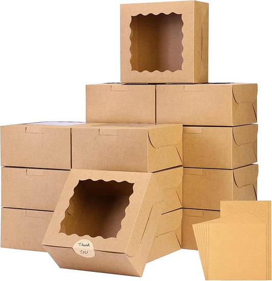 Moretoes 24pcs Bakery Boxes, 6x6x3in Brown Cookie Boxes, Mini Cake Boxes with Window, Pastry Boxes for Party, Wedding, Birthday Day (with 24 Sheets of Parchment Paper and 2 Blank Stickers)