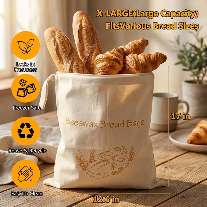 Natural Beeswax Bread Bags for Homemade Bread - Yodeler 2 Pack XL Reusable Organic Cotton Sourdough Bag, Food Storage Cloth Bag Freezer-Friendly with Zip to Keep Fresh (Natural beeswax)