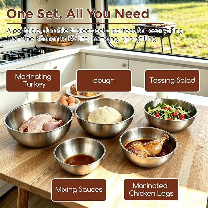 Gronivex 304 Stainless Steel Mixing Bowls, 5-Piece (1.5-5.3 Qt) | Thicker-Gauge, Food-Grade Metal, Stackable Nesting & Space-Saving – Ultimate for Large Family Baking or Party Cooking