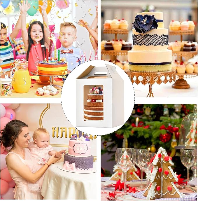 XININSUN 3Pack Tall Cake Boxes for Tier Cakes with 4 windows 10x10x12Inch cake transport container,Bakery Take Out Transport Containers Tall Cake Carrier with Handle for Wedding, Birthday, Party