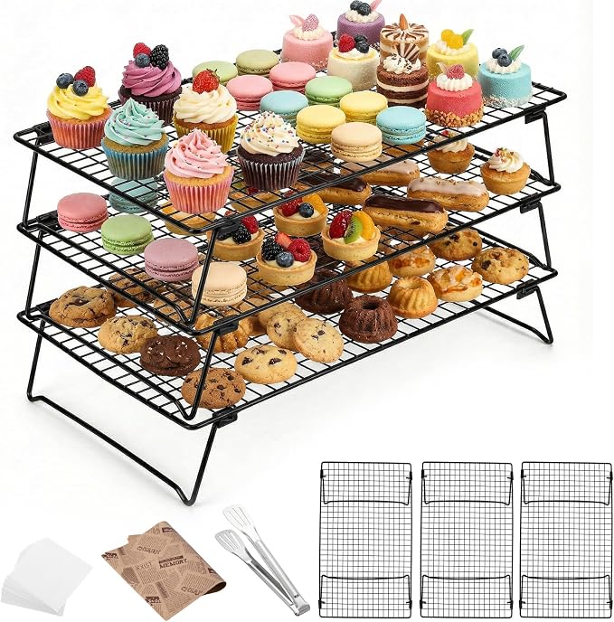 3 Tier Large Cooling Rack for Baking, 17 x 11 Inch Stackable Stainless Steel Wire Cooling Racks, Collapsible Cookie & Bread Cooling Rack with 150 Baking Papers and Stainless Steel Cake Tongs