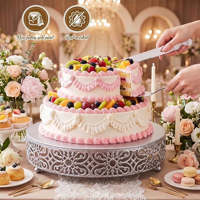 Wenqik 12 Inch Cake Stand Round Metal Cupcake Dessert Wedding Cake Stand Cookies Display Holder Fruit Food Serving Tray for Table Wedding Birthday Anniversary Party Decor (Silver)