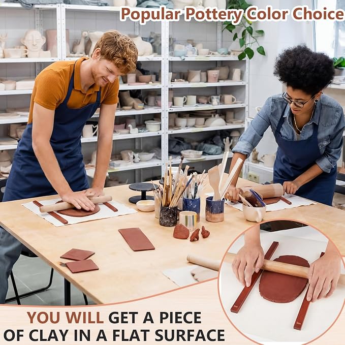 Sasylvia 10 Pcs Clay Pottery Rolling Pin Guides Wood Teaching Rolling Mud Stick Guide Set Polymer Clay Depth Thickness Guide Pottery Mudboard Tools (5 Size,Reddish Brown)