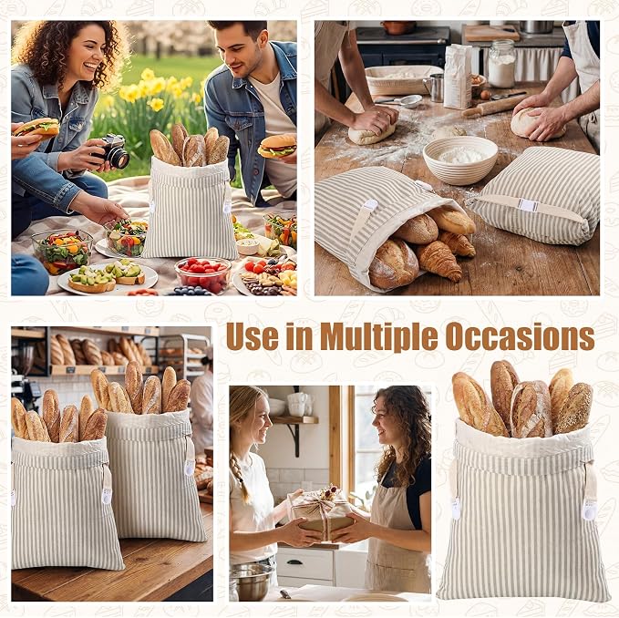 2 Pack Reusable Striped Bread Bags Set with Drawstring Cotton Linen Food Storage Bags for Homemade Bread & Sourdough 17"x 13" Lined Food Bag Cover Keep Loaves Fresh Longer(Grey Stripes)