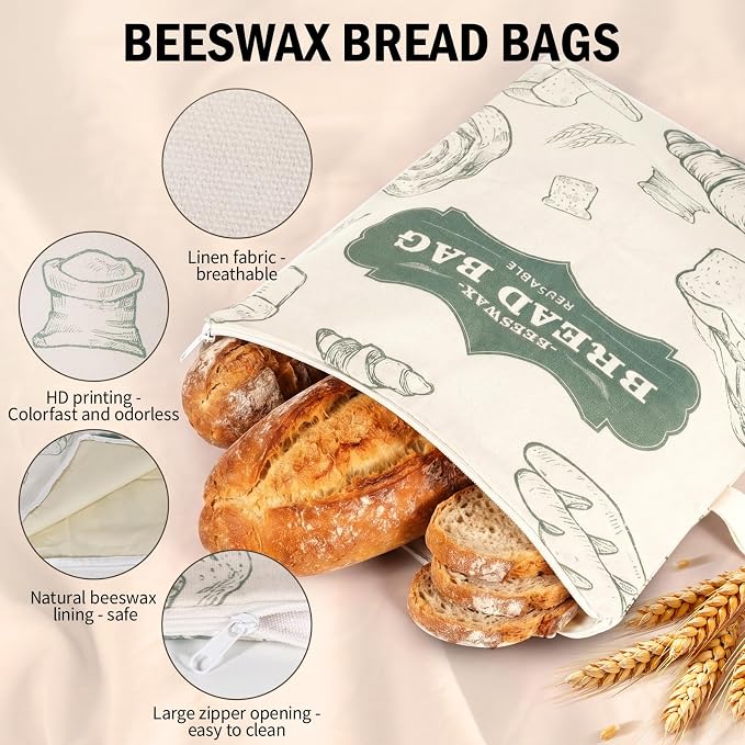 Reusable Beeswax Bread Bags for Homemade, 2 Pack 13" x 17" Bread Storage Bags with Natural Beeswax Lined,Cotton Linen Bread Bags for Sourdough,Large Capacity L-Shaped Zipper Bread Keeper（color-B）