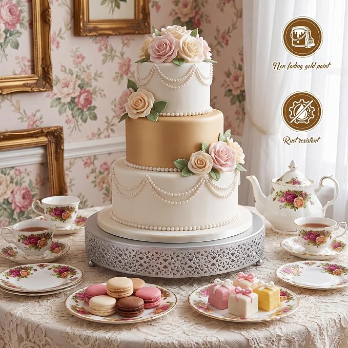 Wenqik Cake Stand 14 Inch Round Metal Cupcake Dessert Wedding Cake Stand Cookies Display Holder Fruit Serving Tray for Table Wedding Birthday Anniversary Party, Silver