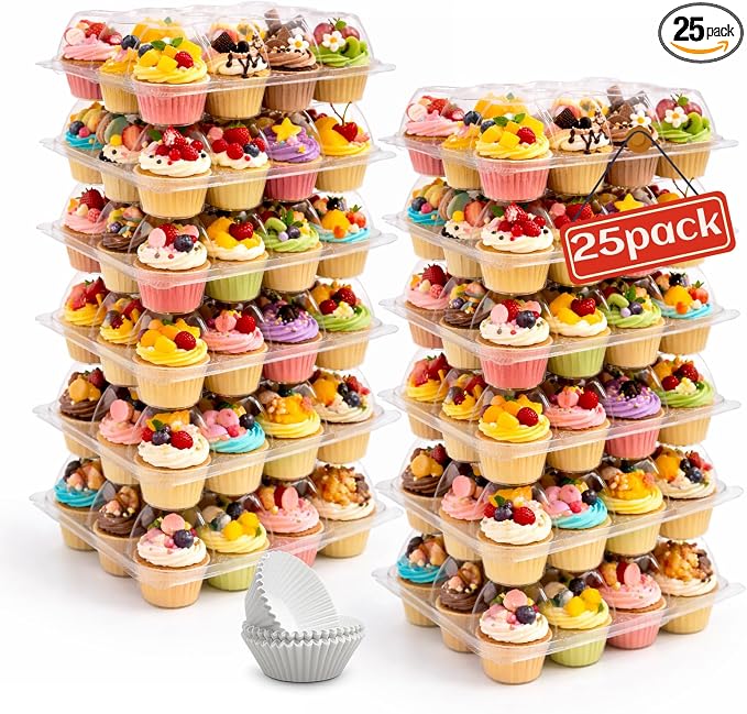 WIKDAY (12 Count x 25 Sets Plastic Cupcake Containers with Liners, Clear Cupcake Holder with Lids, Disposable Cupcake Carrier for Bakery, Cupcake Storage Box for Parties, Bake Sale Packaging