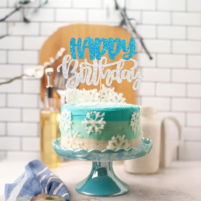 Gyufise 1Pcs Happy Birthday Cake Topper Glitter Happy Birthday Cake Pick for Winter Wonderland Wedding Anniversary Theme Party Cake Decorations Supplies Blue Silver