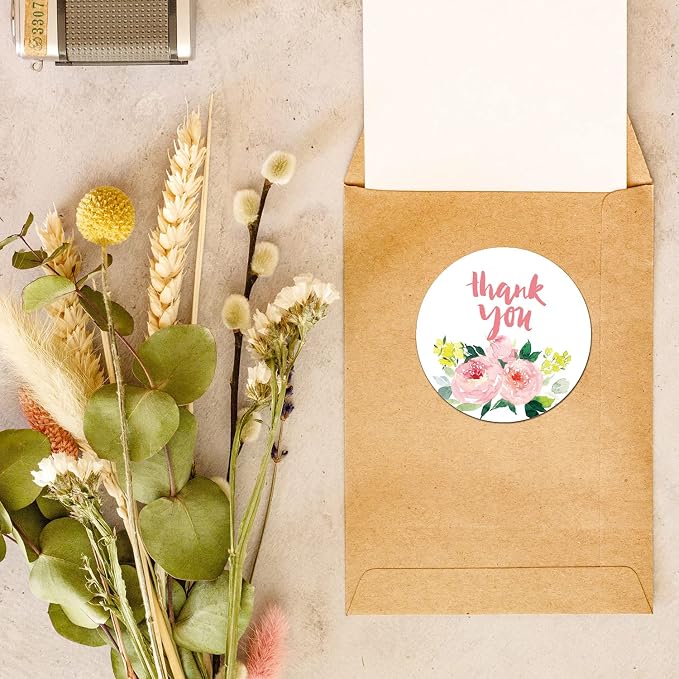 Pink Flower Thank You Stickers, 2 inch 50PCS Self-Adhesive Thank You Labels Great for Wedding, Small Business, Bakeries, Handmade Goods, Birthday Party Favors Labels & Mailing Supplies.