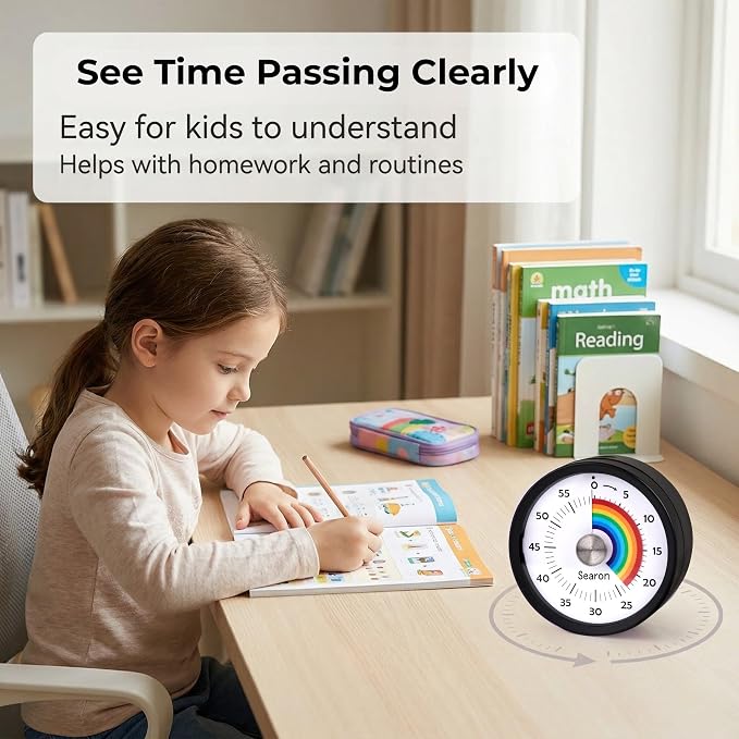 Searon Magnetic Visual Timer for Kids & Kitchen – 3.15" Rainbow Countdown Clock, 60-Minute Dial Timer, Sound or Silent LED Alert, Pause Function for Cooking, Baking, ADHD & Daily Routines (Black)