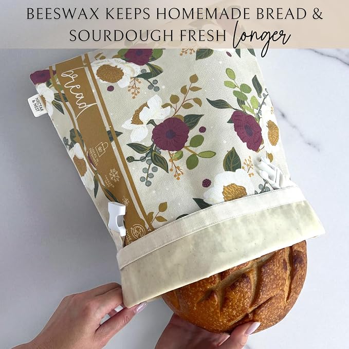Nectar & Nest Bread Baker Set, Reusable Beeswax Bread Bags for Homemade Bread, Sourdough Bag, Organic Cotton Beeswax Bowl Cover, Limited-Edition Artist Series (December Blooms by Mackenzie Nelson Art)