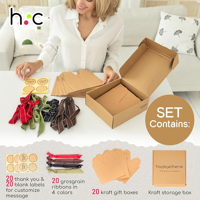 Small Gift Boxes with Ribbons & Stickers (20 Pack) 4.7” x 3.5” Brown Kraft Treat Boxes for Christmas Cookies, Candy, Decorative Candle Packaging, Jars, Mugs, Bulk, Rustic, Fall Thank You Favors Empty