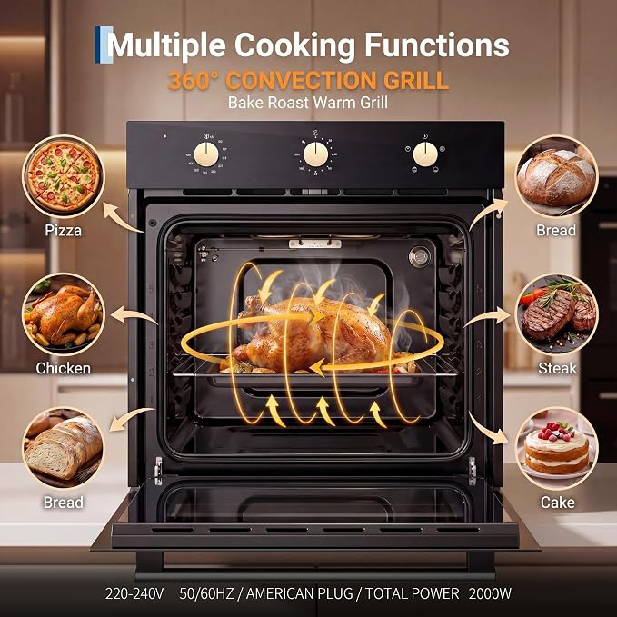 Garvee 24 Inch Single Wall Oven, 2.5 Cu.ft. Built-in Electric Oven with 4 Cooking Functions, 3000W Power, Knob Control, Low-e Glass Door & Cooling Fan, Easy Clean Enamel Interior, Black