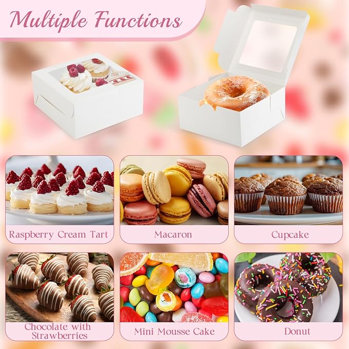 OAMCEG 80 Pack Cupcake Boxes with Window, 6x6x3 Inches Cookie Boxes, Bakery Treat Boxes for Pastry, Desserts, Chocolate Strawberries, Cupcake Containers, Gift Giving with Stickers & Twine （White）