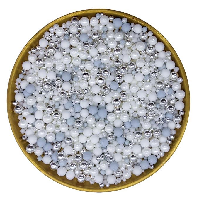 Edible Silver & White & Light Grey Sugar Pearls Sprinkles Candy Mix Size Pearls Cake Decorations Cupcake Toppers Decorating Perfect for Wedding Party Valentine Supplies 4.58OZ