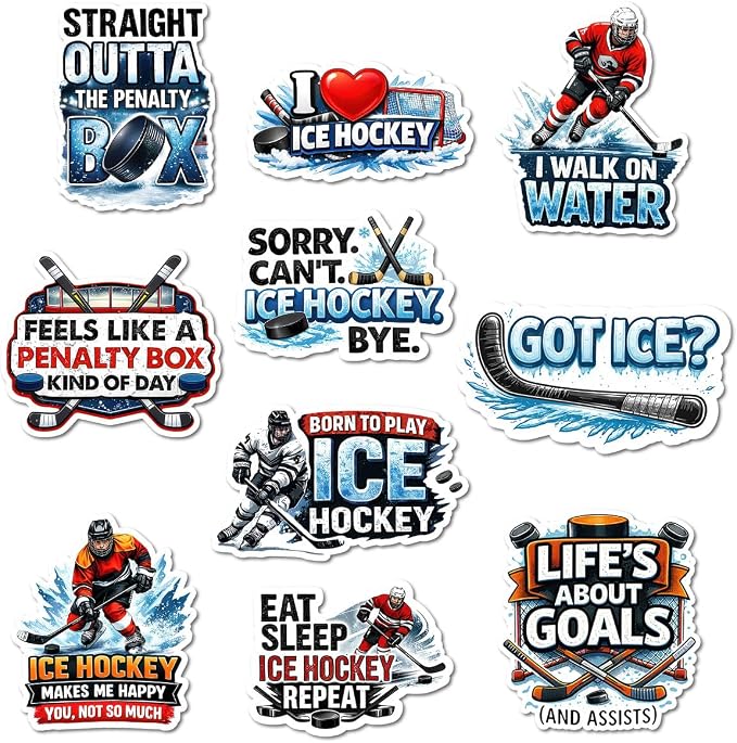 10pcs Ice Hockey Stickers Gifts for Hockey Players Fans Multiple Different Design, Waterproof UV-Resistant for Water Bottle, Laptop, Window, Car