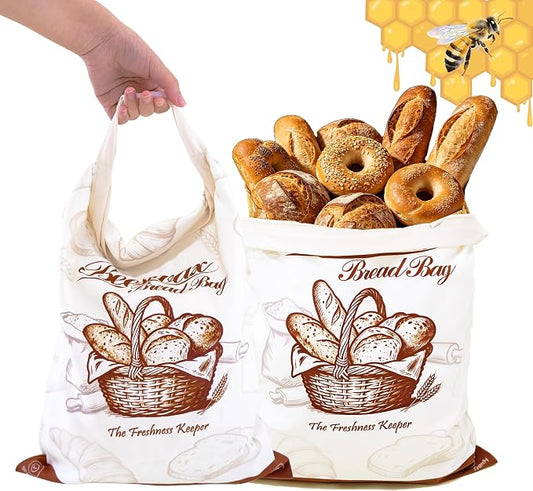 2 Pack Beeswax Bread Bags for Homemade Bread Sourdough, 17x13 Inch | Cotton Linen, Zipper Closure, Freezer Safe, Reusable, For Sourdough Homemade Bread
