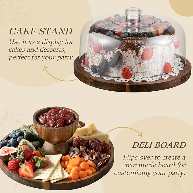 Cake Stand with Lid, 2 in 1 Acacia Wood Acrylic Dome, No Glass, 12in | 2 In 1 Cake Stand & Charcuterie Board, More Stable and Large, Suitable for Various Party Scenes, Inclued EDIBLE PENS with DIY