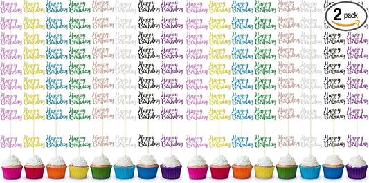 Boao 128 Pieces Happy Birthday Cupcake Toppers Glitter Cake Topper Picks Dessert Topper Decoration for Birthday Party Anniversary Celebration, 8 Colors