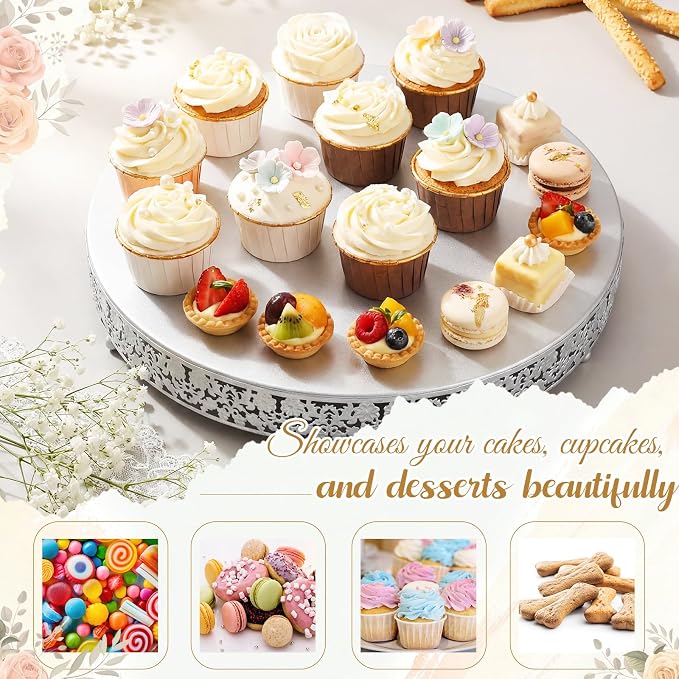 Wenqik 18 Inch Silver Cake Stand Set Metal Round Cupcake Dessert Stand with Cake Cutting, Flower Spatula Wedding Cupcake Pastry Display Candy Holder Display for Wedding Party Birthday Baby Shower