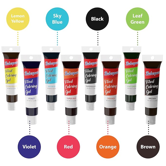 Bakerpan Gel Food Coloring for Baking, Royal Icing, 20g Edible Food Coloring Gel for Cake Decorations - Set of 8