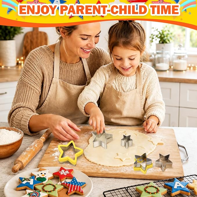 10-Piece Star Cookie Cutters Set, Food Safe Stainless Steel Baking Tools, Multi Size Cookie Cutters for DIY Baking, Fondant, Sandwiches, Holiday Party Treats