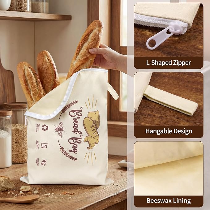 2 Pack Reusable Beeswax Bread Bag with L-Shaped Zipper, X-Large | Easy-Access Wrap for Sourdough & Baguettes, Sustainable Organic Cotton Food Storage, Zero Waste Artisan Bread Protector