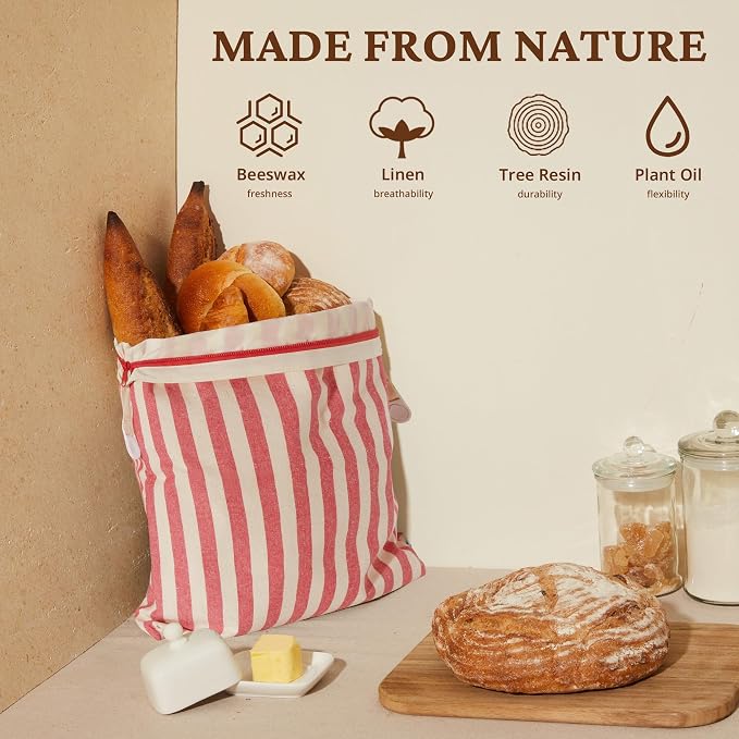 BRONYPRO Reusable Beeswax and Linen Bread Bags with Zipper, 2-Pack Waxed Bread Bags for Homemade Bread & Sourdough, Sustainable Loaf Storage to Lock in Freshness, Large 17x12.6in, Red Stripe