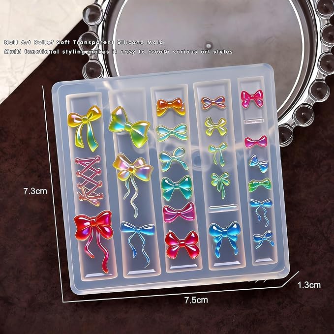 Bow Nail Art Silicone Mold for Acrylic Nails, 3D Ribbon & Lace Nail Charms Mold, Flexible Reusable Silicone Mold for Nail Art Decoration, DIY Nail Accessories for Gel Acrylic Resin