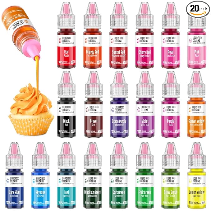 Food Coloring Liquid Set - Jelife 20 Colors Liquid Easter Eggs Dye Kit Edible Cake Decorating Color Flavorless Vibrant Food Dye for Baking Macaron Frosting Fondant Cookie(6ml/Bottles)