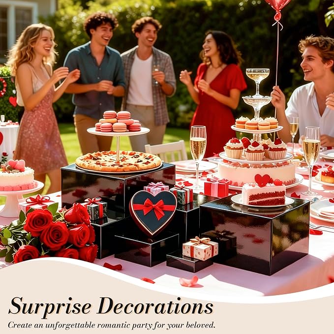 6 Pcs Buffet Risers with Mini Sign and Maker, Black Food Risers Display Stand for Buffet Table Party Catering Dessert Jewelry Collectibles, Nesting Cube Boxes with Hollow Bottoms (8",7",6",5",4",3")
