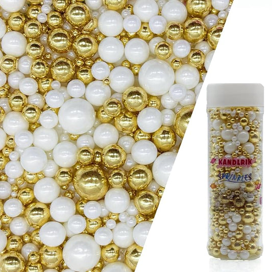Edible Super Gold & White Sugar Pearls Sprinkles Candy Mix Size Pearls Cake Decorations Cupcake Toppers Decorating Perfect for Wedding Party Valentine Supplies 4.58OZ