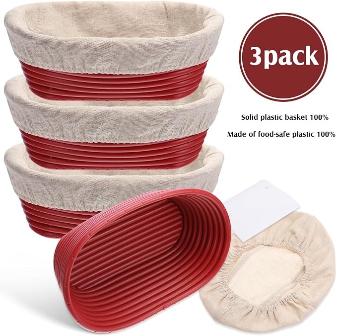 Hushee 3 Pack Bread Proofing Basket Set 10 Inch Oval Sourdough Proofing Basket with Cloth Liners Sourdough Bread Baking Supplies for Professional & Home Bakers with Plastic Dough Scraper