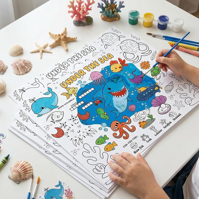 45pcs Under The Sea Disposable Coloring Placemats Ocean Crafts for Kids Party Favors Coloring Poster Classroom Activities Birthday Party Supplies Paper Table Mats