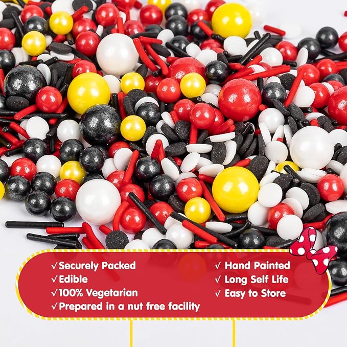 Edible Mouse Sprinkles,Edible Black White Red and Yellow Pearls Jimmies,and Round Confetti Sprinkles for Cake Decorating,130g,Cupcakes Cookie Donuts Ice Cream Toppers,Themed Desserts,Birthday,Children's Party Supplies
