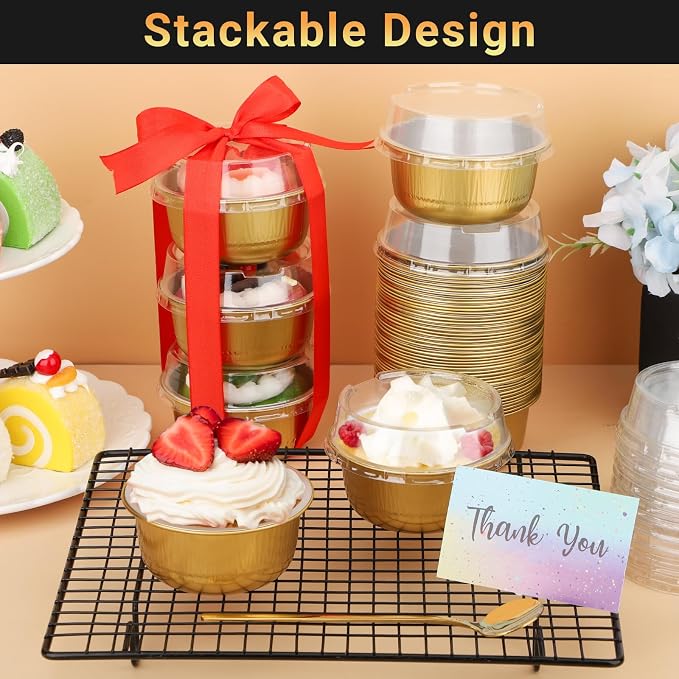 Beasea Aluminum Ramekins With Lids, 100 Pack 6.1oz 180ml Disposable Foil Aluminum Baking Cups Round Oven Baking Mini Cupcake Cups for Party - Gold