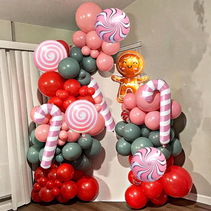 Christmas Balloon Arch Kit, Red Green Macaron Orange Pink Balloons with Lollipop Candy Cane Gingerbread Man Foil Balloons for Xmas Holiday Winter Birthday New Year Party Decorations
