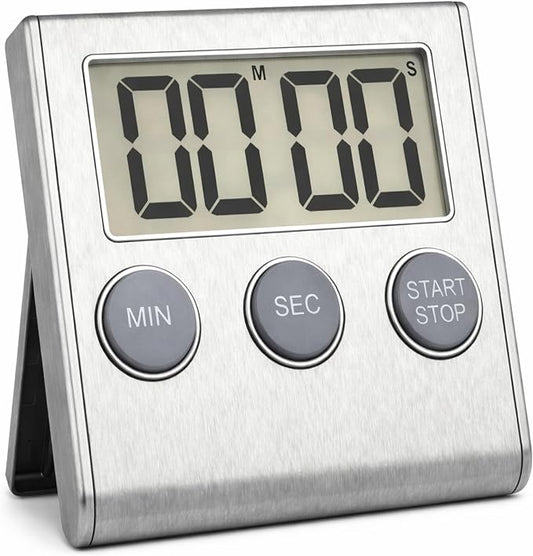 Digital Kitchen Timer for Cooking, Magnetic Countdown Timer with Loud 80dB Alarm, Large Display, Adjustable Stand, Auto Memory, Stop Watch for Classroom, Study, Kids - Silver