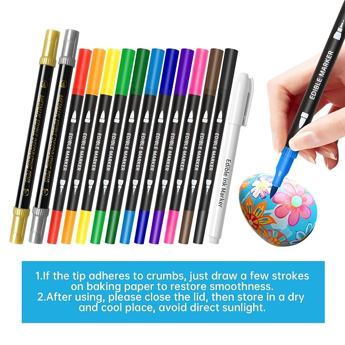 Edible Markers – 14Pcs Gold & Silver Metallic Food Coloring Pens, Double Sided Edible Pens with Fine & Thick Tips for Cookie Decorating, Fondant, Desserts & Easter Eggs