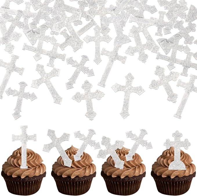 60 PCS Edible Cross Cupcake Toppers God Bless and Baptism Cupcake Toppers Edible Cross Cupcake Pick First Communion Cake Decorations for Religious Theme Baby Shower Birthday Party Supplies Silver