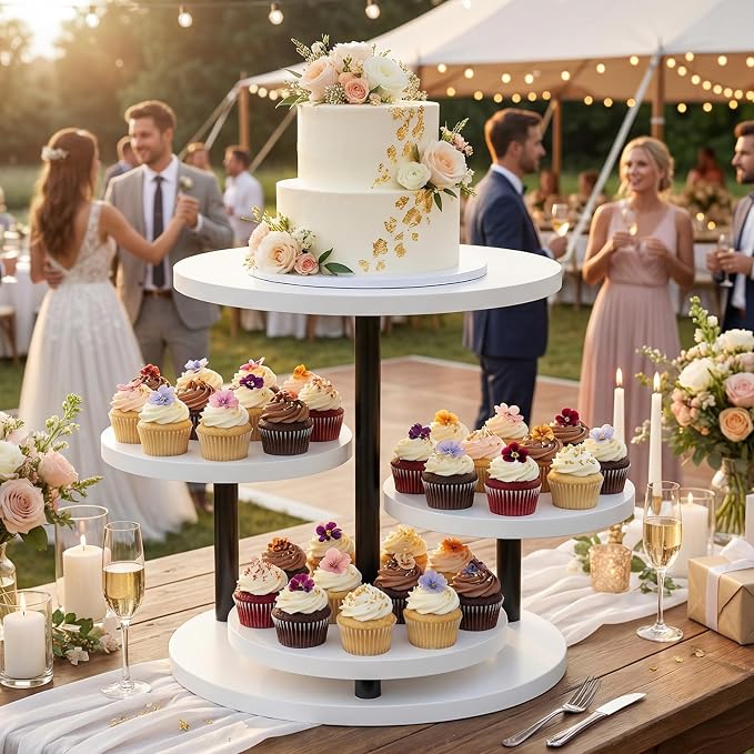 Dessert Stands for 50 Cupcakes 360°Rotating Wood Cupcake Stands Wedding Cake Stand 4 Tiered Cookie Serving Trays for Party Birthday Baby shower Afternoon Tea Dessert Table, White