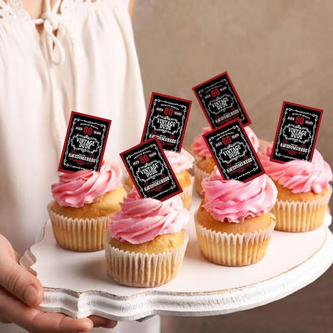 40Pcs Edible Rectangle Aged to 60 Years Card Cupcake Toppers Edible Black Red 60 Vintage Dude Awesomeness Cupcake Picks Drink Toppers for 60th Vintage Birthday Anniversary Party Decorations