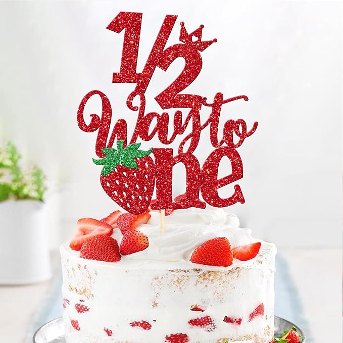 1 PCS Strawberry 1/2 Half Way to One Cake Topper Glitter Berry Sweet Half Way to Go Cake Pick Happy 6 Months Birthday Cake Decoration for Strawberry Theme Baby Shower Birthday Party Supplies Red