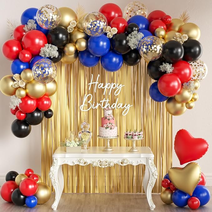 157Pcs Red Black Gold Blue Balloons Garland Arch Kit with Gold Fringe Curtain Backdrop for Birthday Baby Shower Party Decorations