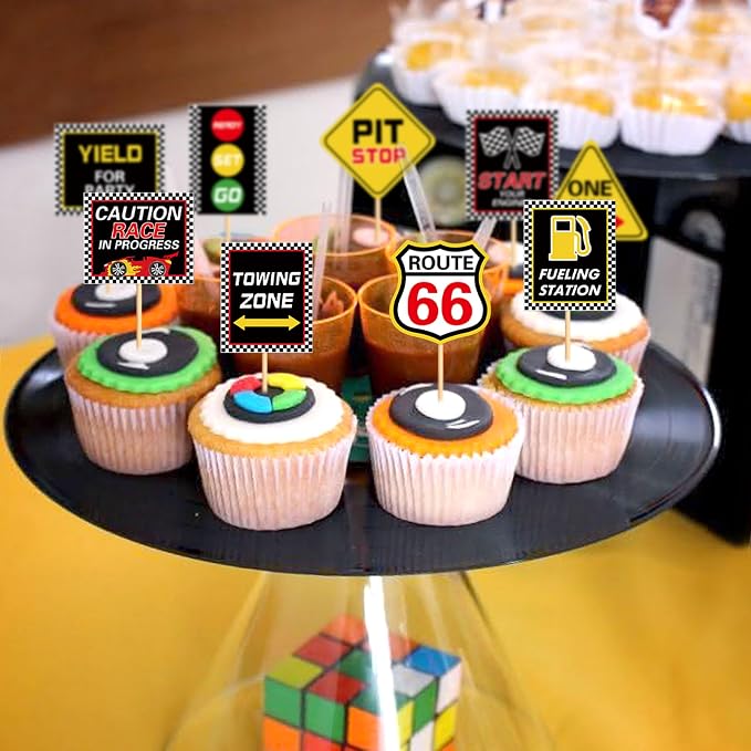 36PCS Race Car Cupcake Toppers Racing Warning Signs Party Decorations Baby Shower Drink Topper Boy Children Birthday Party Decorations Racing Theme Party Cake Decorations