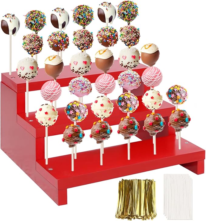 Cake Pop Stand, 3 Tier Wood Cake Pop Holder Display Risers with Twist Ties Lollipop Sticks, 33 Hole Lollipop Holder for Dessert Table of Wedding Birthday Party (Red-1P)