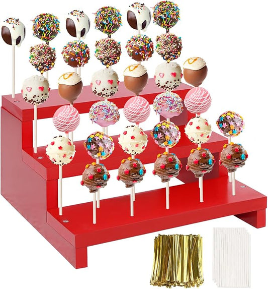 Cake Pop Stand, 3 Tier Wood Cake Pop Holder Display Risers with Twist Ties Lollipop Sticks, 33 Hole Lollipop Holder for Dessert Table of Wedding Birthday Party (Red-1P)