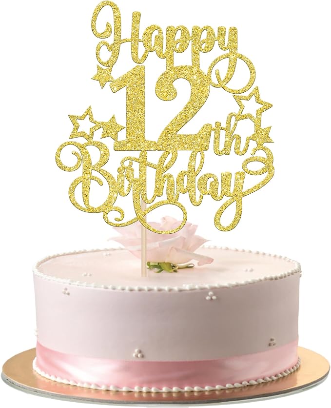 1 PCS Happy 12th Birthday Cake Topper Glitter Cheers to 12 Years Birthday Cake Pick Hello 12 Fabulous Cake Decoration for Happy 12th Birthday Anniversary Party Decorations Supplies Gold